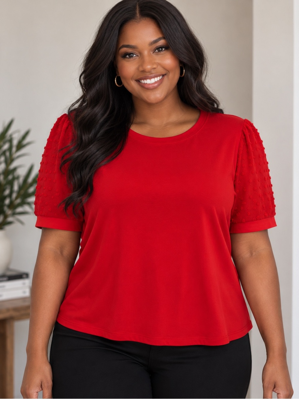CeCe Red Swiss Dot Puff Sleeve Top Size Large